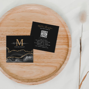 Modern Agate Black Gold Photo QR Code Monogram Square Business Card