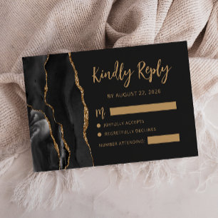 Modern Agate Black Gold Script Dark Wedding RSVP Card