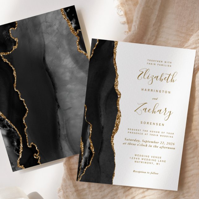 Modern Agate Black Gold Wedding Invitation (Creator Uploaded)