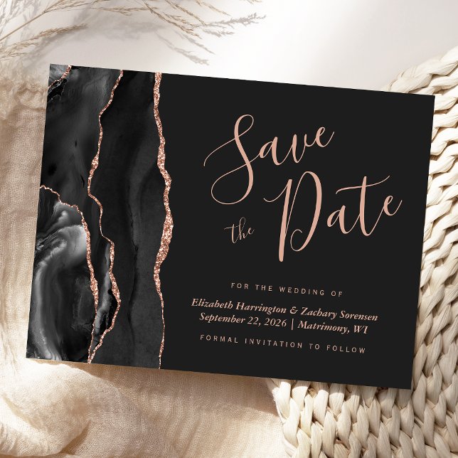 Modern Agate Black Rose Gold Save the Date Dark Announcement Postcard (Creator Uploaded)
