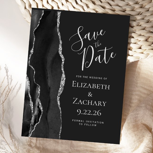Modern Agate Black Silver Dark Save the Date Announcement Postcard (Creator Uploaded)