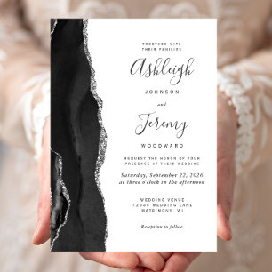 Modern Agate Black Silver Wedding Invitation