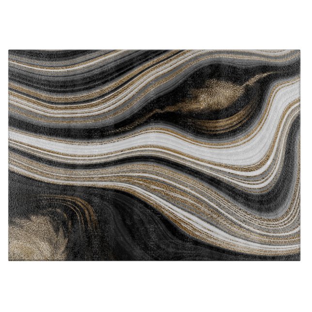 Modern agate black white and gold fluid marble  cutting board (Front)