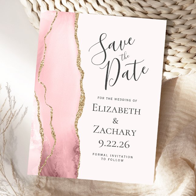 Modern Agate Blush Gold Save the Date Announcement Postcard (Creator Uploaded)