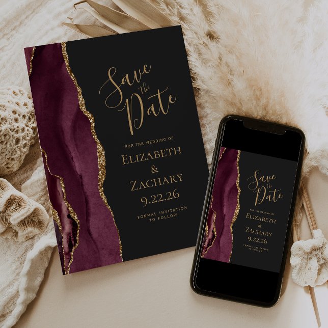 Modern Agate Burgundy Gold Dark Save the Date Announcement (Creator Uploaded)