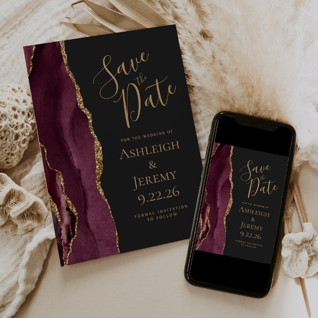 Modern Agate Burgundy Gold Dark Save the Date Card (Creator Uploaded)