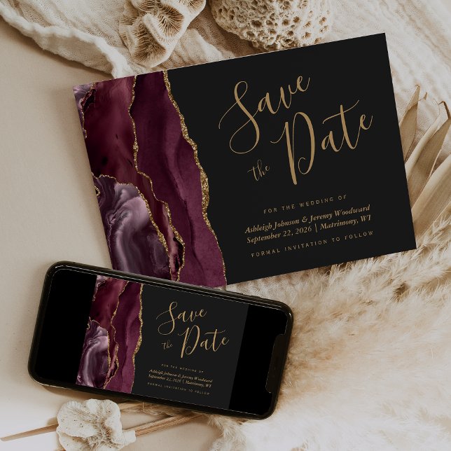 Modern Agate Burgundy Gold Dark Save the Date Card (Creator Uploaded)