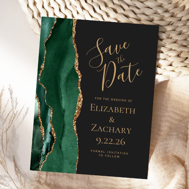 Modern Agate Emerald Green Gold Save the Date Announcement Postcard (Creator Uploaded)