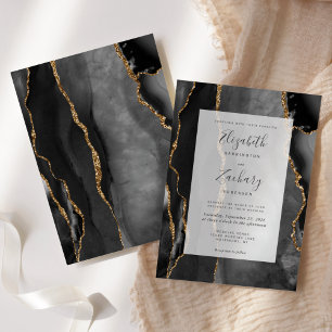 Modern Agate Frame Black Gold Wedding Invitation