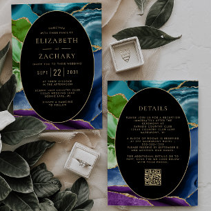 Modern Agate Gold Oval Frame QR Code Wedding Invitation