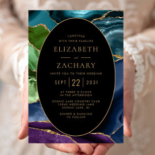 Modern Agate Gold Oval Frame Wedding Invitation