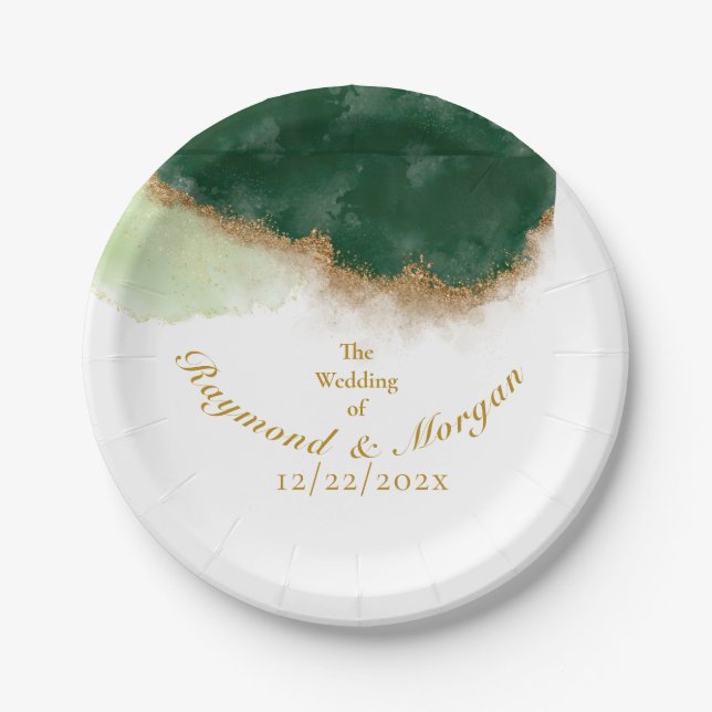 Modern Agate Green & Gold Wedding  Paper Plate (Front)