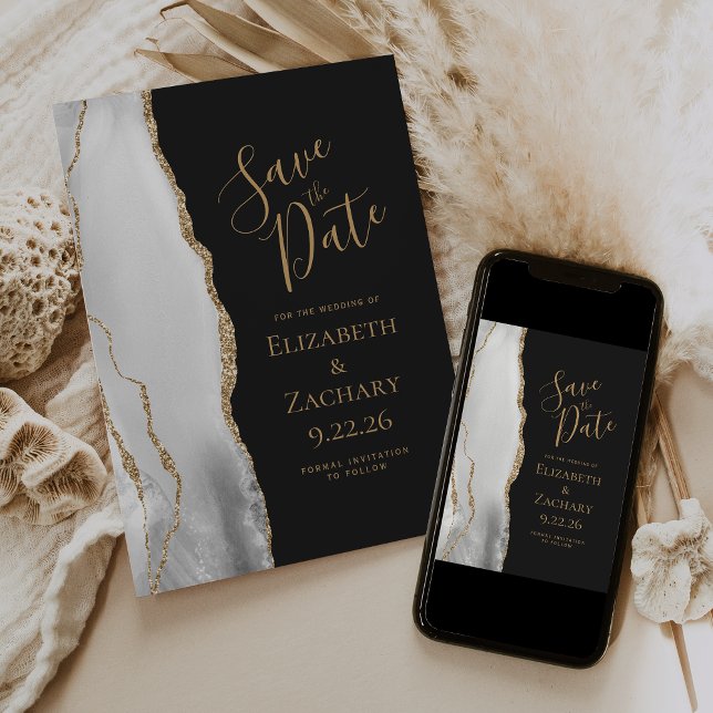 Modern Agate Grey White Gold Dark Save the Date Announcement (Creator Uploaded)