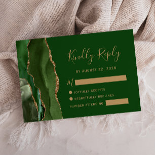 Modern Agate Hunter Green Gold Wedding RSVP Card