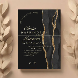 Modern Agate Luxury Black and Gold Wedding Invitation