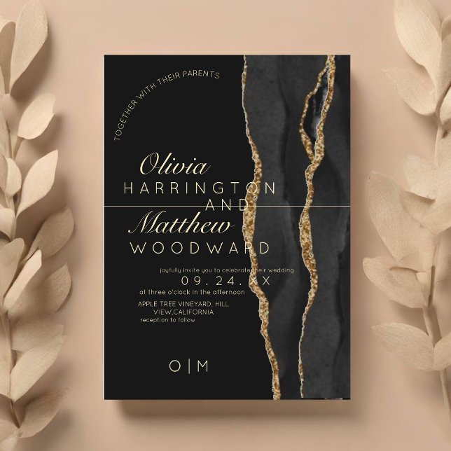  Modern Agate Luxury Black and Gold Wedding Invitation (Creator Uploaded)