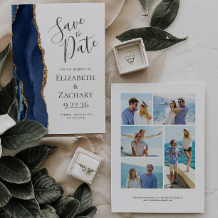 Modern Agate Navy Blue Gold 5-Photo Save the Date Invitation