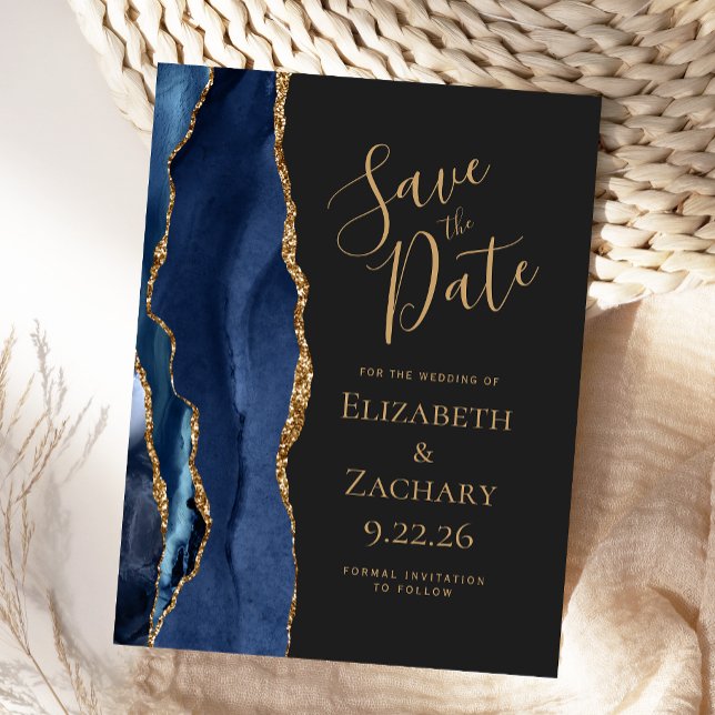 Modern Agate Navy Blue Gold Dark Save the Date Announcement Postcard (Creator Uploaded)