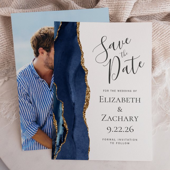 Modern Agate Navy Blue Gold Photo Save the Date Invitation (Creator Uploaded)