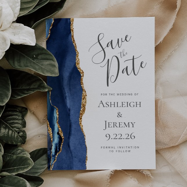 Modern Agate Navy Blue Gold Save the Date (Creator Uploaded)