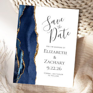 Modern Agate Navy Blue Gold Save the Date Announcement Postcard