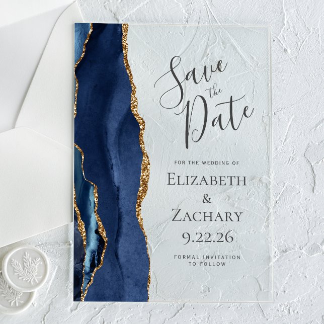 Modern Agate Navy Blue Gold Save the Date Card Acrylic Invitations (Creator Uploaded)