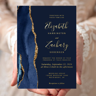 Modern Agate Navy Blue Gold Wedding