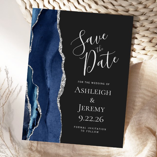 Modern Agate Navy Blue Silver Dark Save the Date Postcard (Creator Uploaded)
