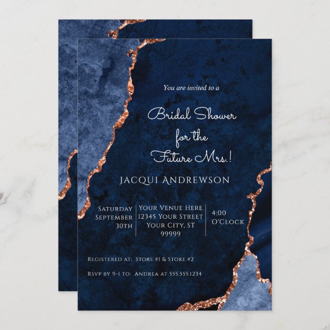 Modern Agate Navy Dusty Blue Rose Gold Bridal Invi Invitation (Front/Back)