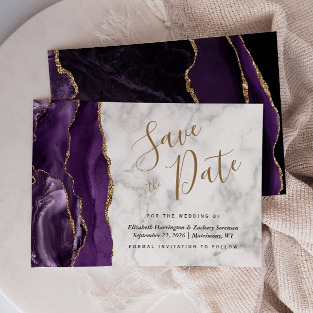 Modern Agate Purple Gold Marble Save the Date Card (Creator Uploaded)