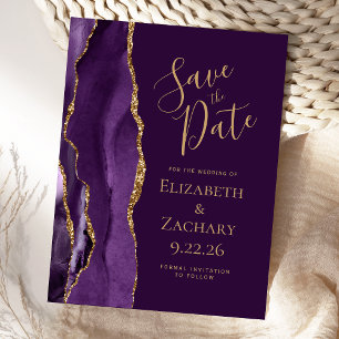 Modern Agate Purple Gold Plum Save the Date Announcement Postcard