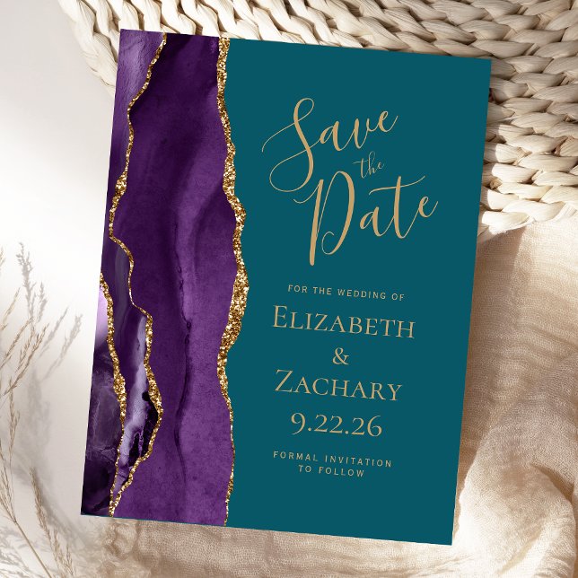 Modern Agate Purple Gold Teal Save the Date Announcement Postcard (Creator Uploaded)