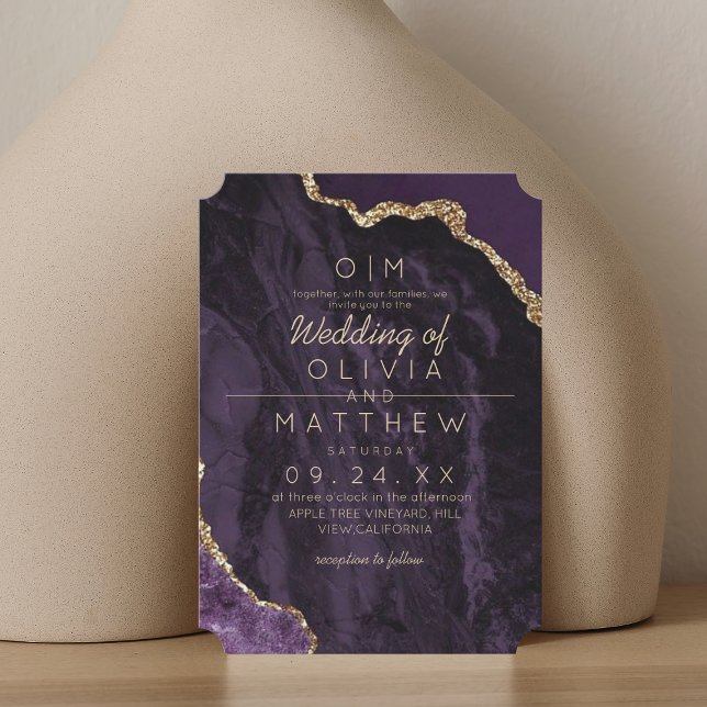 Modern Agate Purple Gold Wedding Elegant Monogram  Invitation (Creator Uploaded)