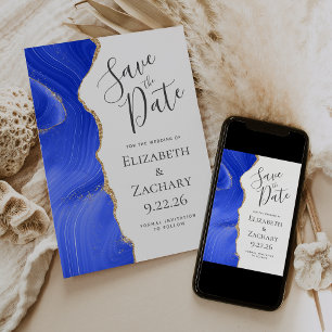 Modern Agate Royal Blue Gold Save the Date Card