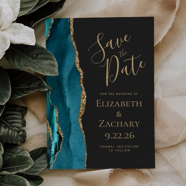 Modern Agate Teal Gold Dark Wedding Save the Date (Creator Uploaded)