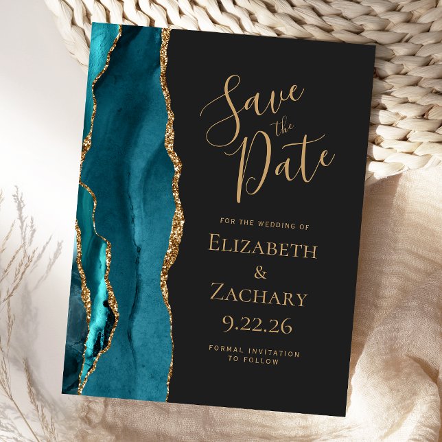 Modern Agate Teal Gold Dark Wedding Save the Date Announcement Postcard (Creator Uploaded)