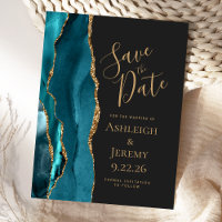Modern Agate Teal Gold Dark Wedding Save the Date