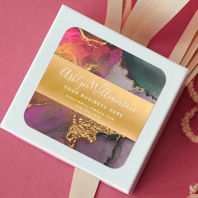 Modern agate watercolor gold pink purple green square sticker (Creator Uploaded)