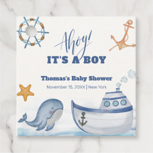 Modern Ahoy Boy Whale Sailboat Baby Shower  Favour Tags
