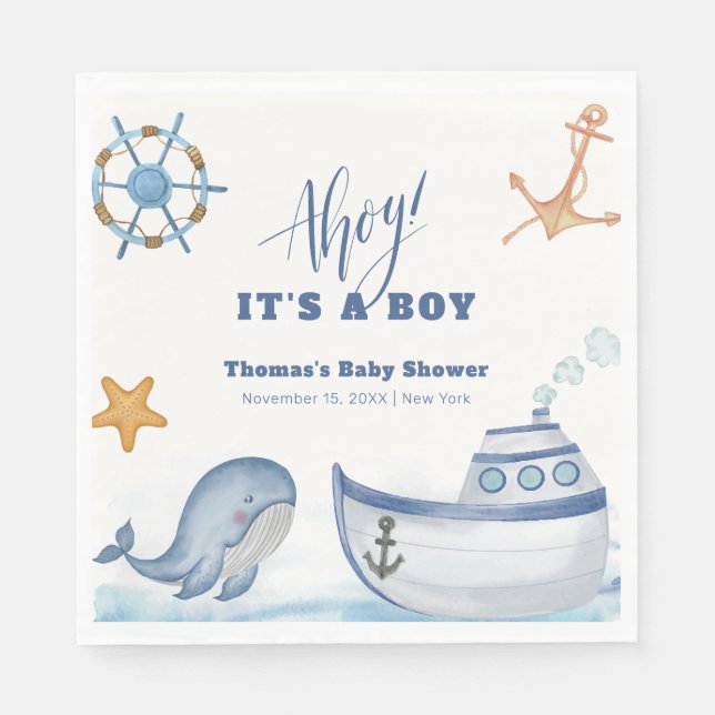 Modern Ahoy Boy Whale Sailboat Baby Shower  Napkin (Front)