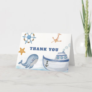 Modern Ahoy Boy Whale Sailboat Baby Shower Thank You Card
