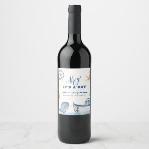 Modern Ahoy Boy Whale Sailboat Baby Shower  Wine Label