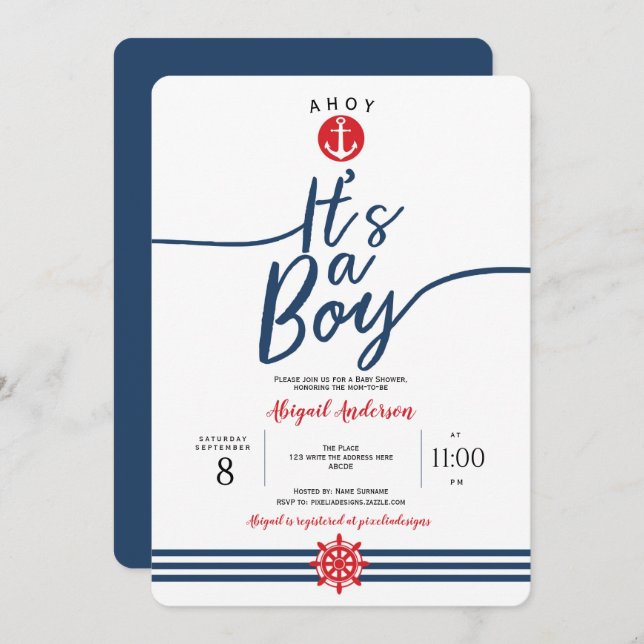Modern,Ahoy, it's a Boy, Nautical, Baby Boy Shower Invitation (Front/Back)