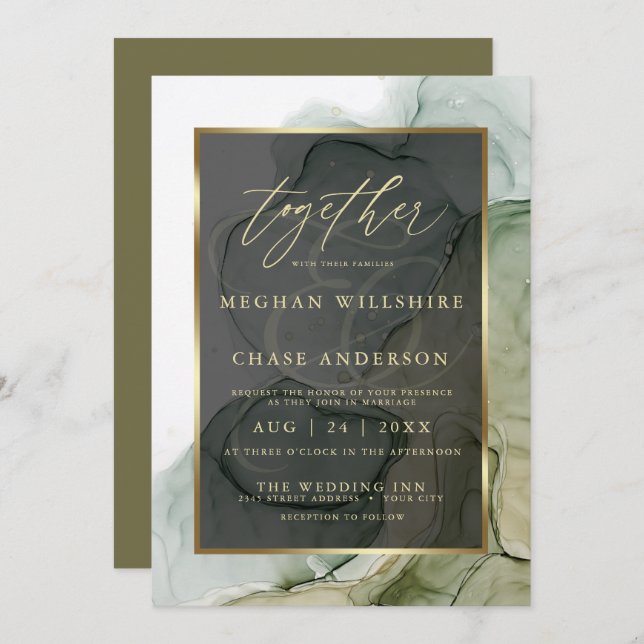 Modern Alcohol Ink Rich Earthy Green Invitation (Front/Back)