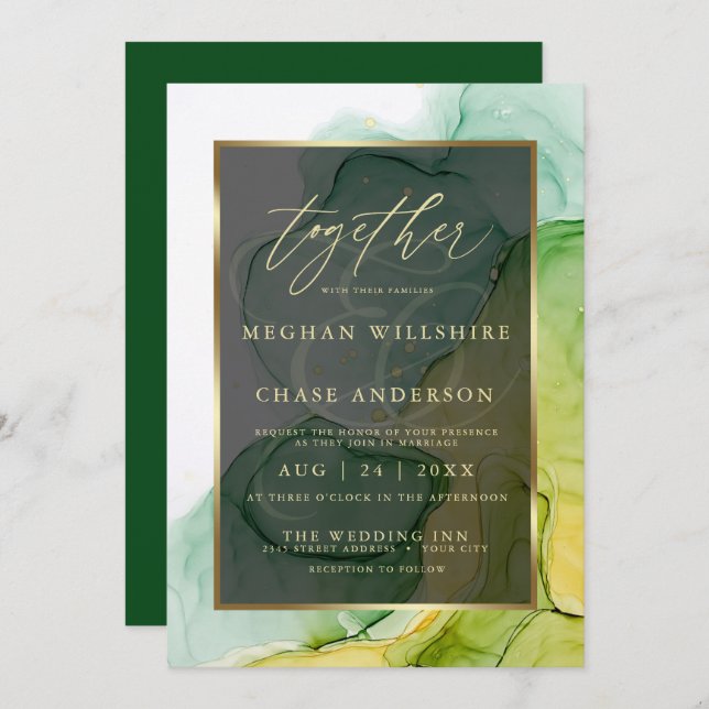 Modern Alcohol Ink Vibrant Greens and Golds Invitation (Front/Back)