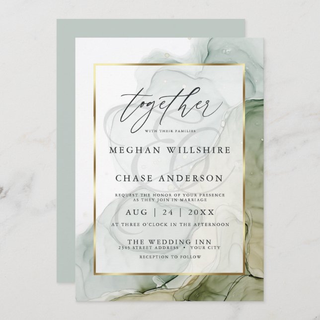 Modern Alcohol Ink Wedding Faded Sage Green Invitation (Front/Back)