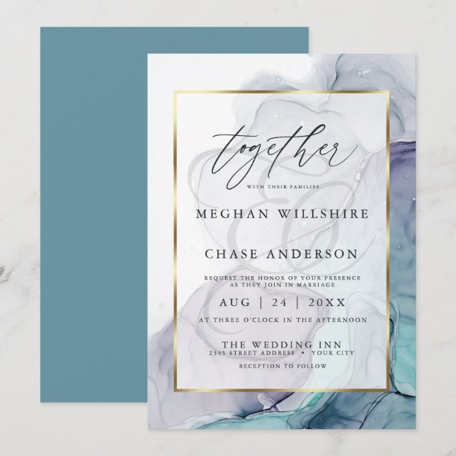 Modern Alcohol Ink Wedding Teal Plum  Invitation (Front/Back)