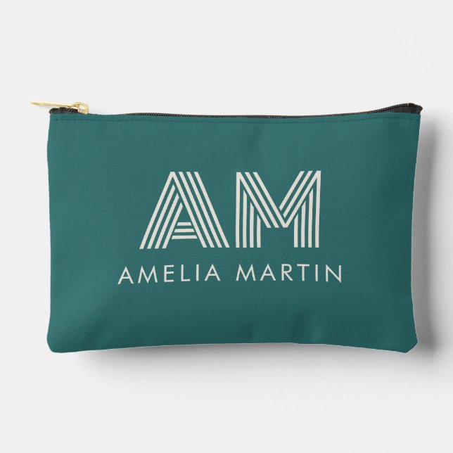 Modern Alexandrite Teal Geometric Monogram Accessory Pouch (Front)