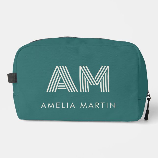 Modern Alexandrite Teal Geometric Monogram Dopp Kit (Front)