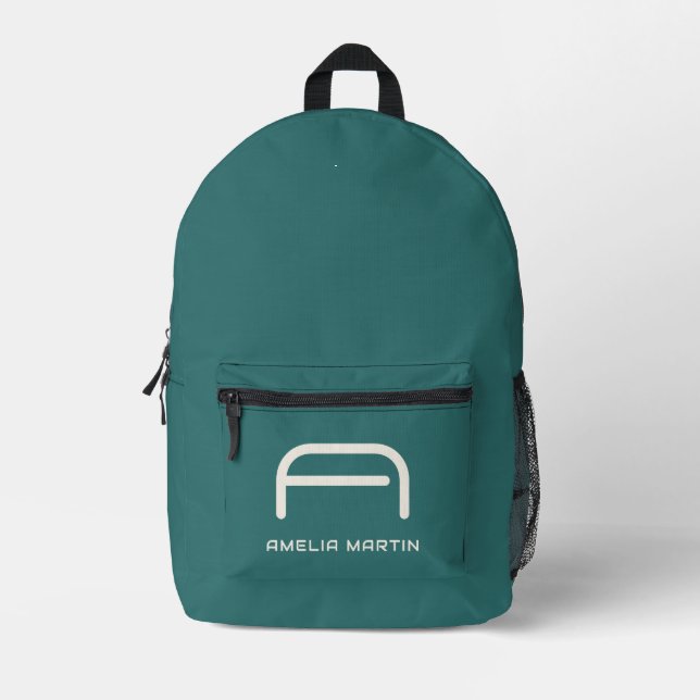 Modern Alexandrite Teal Geometric Monogram Printed Backpack (Front)